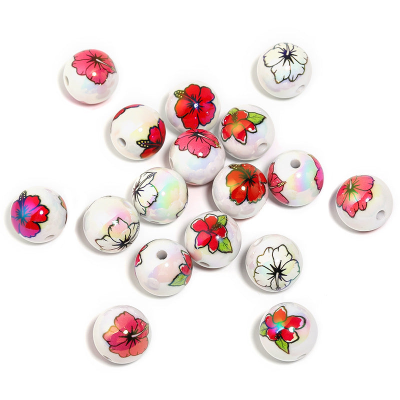 Wholesale 100PCS  Acrylic rose beads medium beads camellia print round beads mobile phone chain pen beads diy bead
